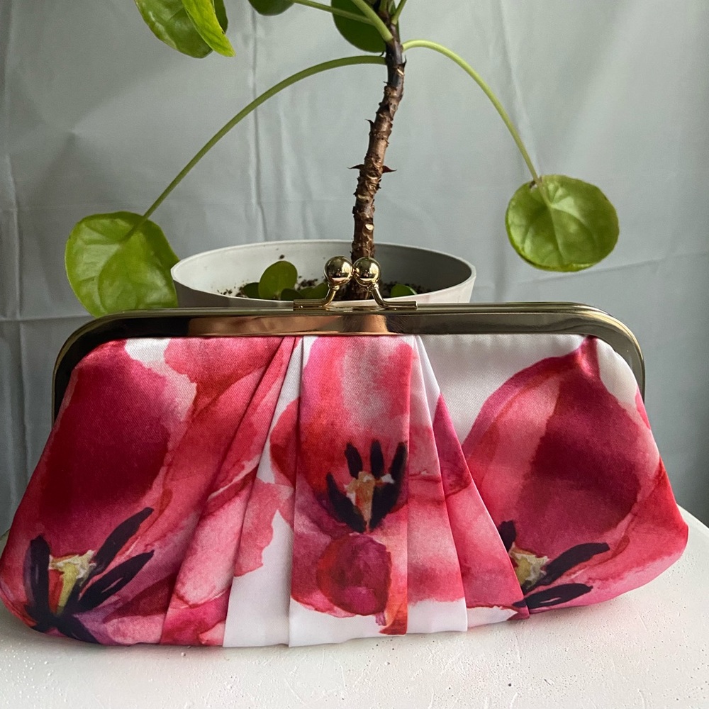 Satin floral pink and white evening clutch